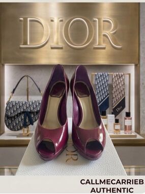 🛍️Dior Authentic Diorella Burgundy Patent Leather Peep-Toe Platform Pumps